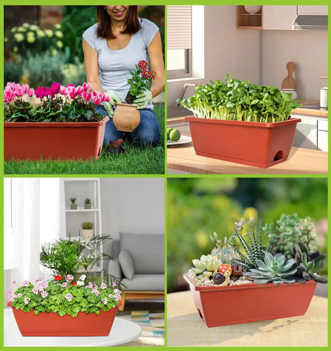 Durable 17 Inch Window Box Planter For Indoor Outdoor Gardens Plastic Rectangular Flower Pots With Saucers