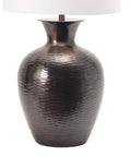 Atmore 27 Inch Iron Table Lamp in copper finish with cotton drum shade, modern farmhouse style, close-up view of textured base.