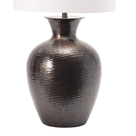Atmore 27 Inch Iron Table Lamp in copper finish with cotton drum shade, modern farmhouse style, close-up view of textured base.
