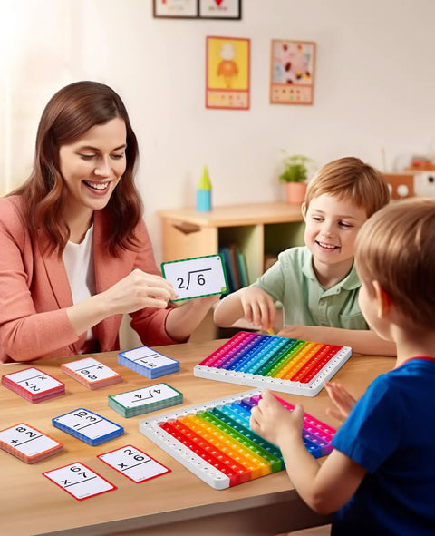 Teacher and kids using Math Flash Cards Set for Kids 4-8, 288 Double-Sided Cards with Chart, learning math at a table