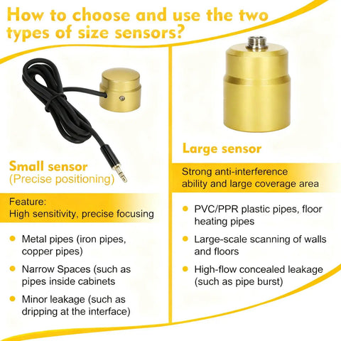 Comparison of small and large sensor types for underground water leak detector use.