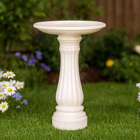 Round Outdoor Bird Bath With Fillable Base For Stability White 17 Inch Diameter And 25 Inch Height Durable Weather Resistant Resin