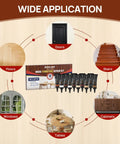 Diagram of wood furniture repair kit with 10 color touch up fillers for scratches, cracks, paint chips on various surfaces like floors, doors, stairs