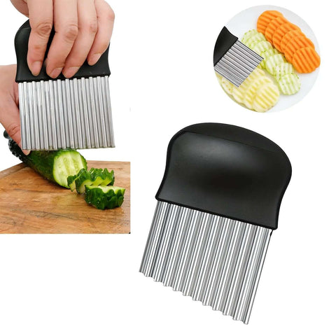 Potato cutter with black handle and stainless steel blades for cutting potatoes into fries; shown slicing cucumber.
