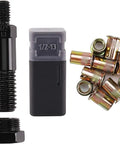 Rivet Nut Tool Mandrel For 1 2 13 Rivet Nuts Set, black steel mandrel, storage case, and 10 brass rivet nuts on white background