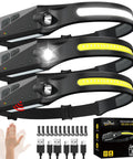 Rechargeable Headlamp With 230 Degree Wide Beam Motion Sensor LED Light Beast Mode Brightness For Adults, packaging and accessories