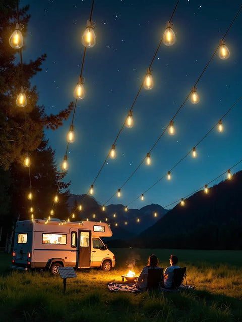 50 Foot Solar String Lights Outdoor Waterproof With 18 Plus 1 LED Bulbs Dual Power Solar USB Back Up 20 Plus Hours Glow Lit Commercial Grade Shatterproof Patio Lights For Backyard Garden Porch Camping installed in a campsite at night