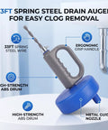 33 Foot Manual Drain Auger Snake Heavy Duty Spring Steel Pipe Cleaner with ergonomic handle and ABS drum for clog removal.