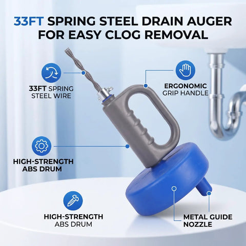 33 Foot Manual Drain Auger Snake Heavy Duty Spring Steel Pipe Cleaner with ergonomic handle and ABS drum for clog removal.