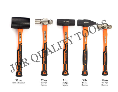5 Piece Hammer And Mallet Set With 16 Ounce And 32 Ounce Ball Peen Hammers, 32 Ounce Rubber Mallet, 3 Pound Sledge And 3 Pound Cross Peen Hammers For Metal Working, Shock Absorbing Fiberglass Handles, Durable Steel Construction displayed in a row.