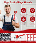 Man holding Four In One Pro Grade DIY Friendly Door Hinge Adjustment Tool Kit For Precise Gap Alignment And Smooth Operation Upgraded Hinge Gap Adjusting Wrench For Residential And Commercial Installations And Repairs with door and infographic display.