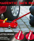 Universal Pinch Weld Jack Pad Set, 2 Magnetic Aluminum Pucks For Frame Rail Protector shown in use with red jack on car
