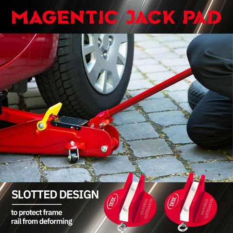 Universal Pinch Weld Jack Pad Set, 2 Magnetic Aluminum Pucks For Frame Rail Protector shown in use with red jack on car