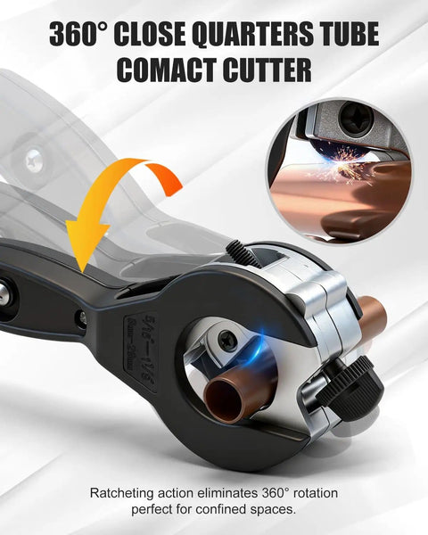 Close-up of Ratcheting Pipe Cutter Tool Kit 12 Piece Set for Copper and PVC Tubing, showing cutting mechanism in action.