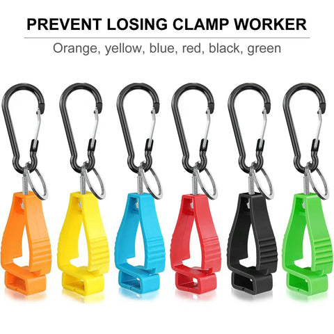 Six colorful glove clips with carabiners in orange, yellow, blue, red, black, and green for construction gear and helmets.