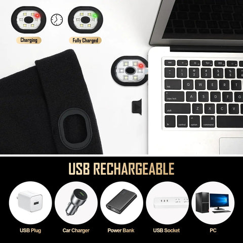 LED Beanie Hat With Light Rechargeable Knitted Cap USB charging options and detachable LED light on laptop setup