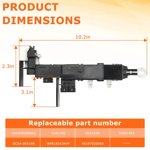 Heavy Duty Washer Door Lock Switch Replacement For Front Load Washers with dimensions and part numbers displayed