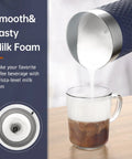 4 In 1 Electric Milk Frother And Warmer pouring milk foam into coffee