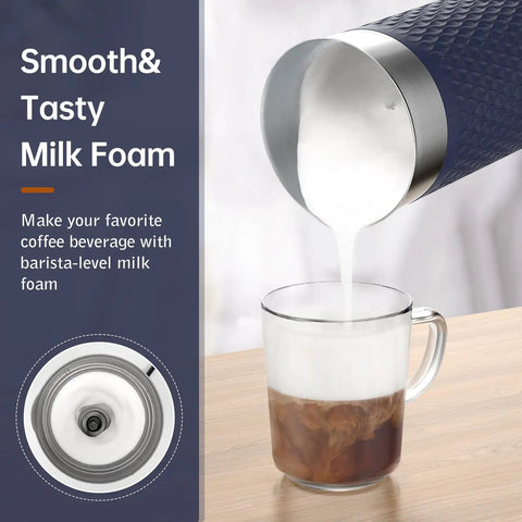 4 In 1 Electric Milk Frother And Warmer pouring milk foam into coffee