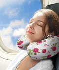 Woman using U Shaped Travel Neck Pillow For Women Comfy Plush Comfort For Sleeping And Napping Breathable Floral Pink Rose Vintage Design on plane