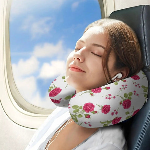 Woman using U Shaped Travel Neck Pillow For Women Comfy Plush Comfort For Sleeping And Napping Breathable Floral Pink Rose Vintage Design on plane