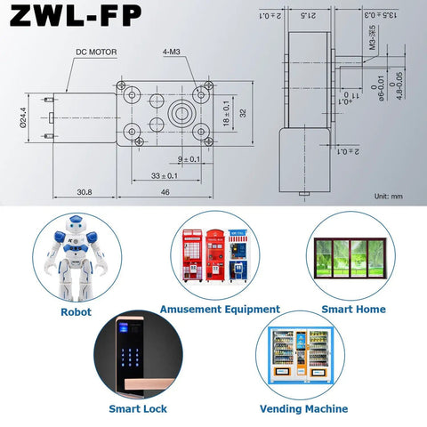 Diagram and application examples for 12V DC Worm Gear Motor With 100 RPM High Torque, Rugged All Metal Gears, Pure Copper Rotor