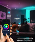 Smartphone controlling BR30 Smart Flood Light Bulbs Color Changing RGB And Tunable White RGBCW, 8W, dimmable lighting in room.
