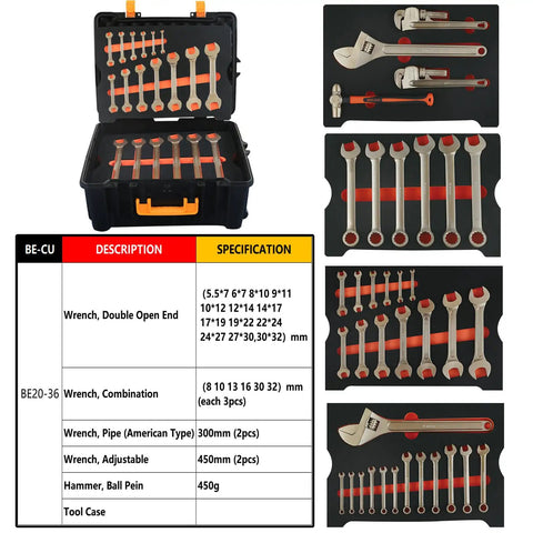 36 Piece Non Sparking Tool Set For Pro Grade Jobs With Double Open End Wrenches, Combination Wrenches, Pipe Wrench, Ball Pein Hammer, Beryllium Copper Build, Non Magnetic, Corrosion Resistant, DIN Standard BAM Certified displayed in a case