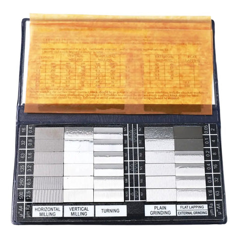 Surface Finish Comparator Set Ra 0.05 To 12.5 Micrometers, 30 hardened steel blocks for tactile and visual roughness checks.