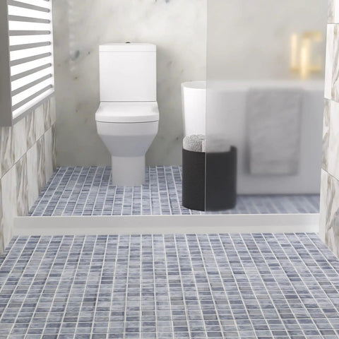 Heavy Duty 3 Inch Rise Shower Threshold Water Dam Adhesive Leak Blocker Guards Bathrooms on tile floor with white toilet.
