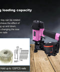 Badass 15 Degree Roofing Nailer With Smooth Low Recoil Design Built For Wire Collated Nails From Three Quarters To One And Three Quarters Inches showing nail size options and loading tray.