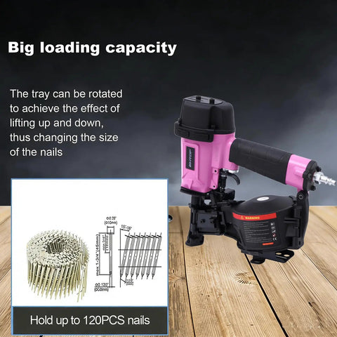 Badass 15 Degree Roofing Nailer With Smooth Low Recoil Design Built For Wire Collated Nails From Three Quarters To One And Three Quarters Inches showing nail size options and loading tray.