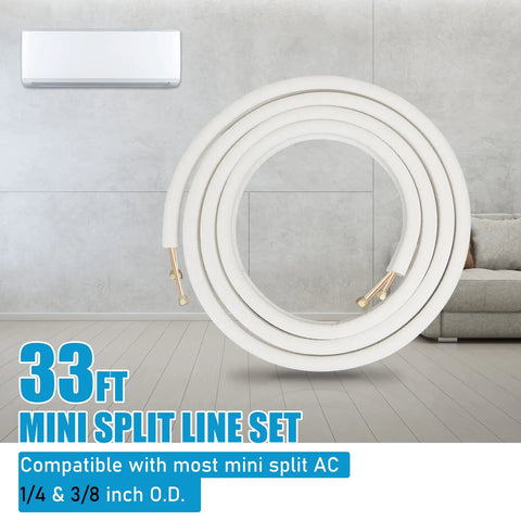 33-foot insulated line set for ductless mini split AC and heat pump systems, 1/4 and 3/8 inch fittings, universal size