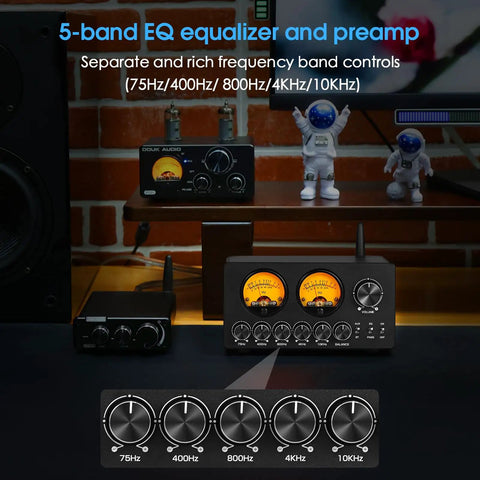 5 Band Bluetooth Equalizer Preamp For Home Stereo And Computer Speakers With VU Meter Dial In Tone Control Independent Op Amp Per Band For Precise Bass Mid And Treble Tuning On Any Amplifier, black metal front view
