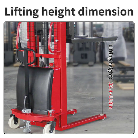 Rock Solid Electric Pallet Stacker With 3300 Lbs Load Capacity And 118 Inch Max Lift Height showing lifting height dimensions from 35.4 to 118 inches.