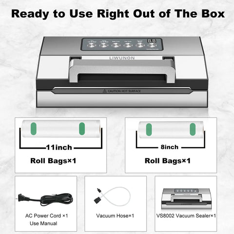 LIWUNON vacuum sealer front view with built-in cutter; includes 11in and 8in bag rolls, hose, and power cord