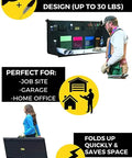 Heavy Duty Portable Standing Desk Workstation For Jobsite And Garage Use Folds Flat For Easy Storage Adjustable Height Hanging Work Surface Black Finish Perfect For Shop Or Office