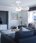 Dope 28 Inch Ceiling Fan With Lights And Remote Energy Efficient DC Silent Motor in matte white, installed in modern living room.