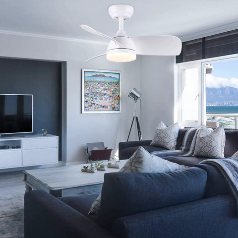 Dope 28 Inch Ceiling Fan With Lights And Remote Energy Efficient DC Silent Motor in matte white, installed in modern living room.