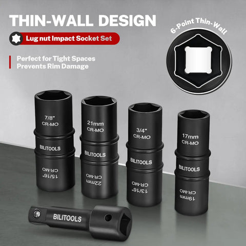 Five Piece Flip Lug Nut Socket Set For 1/2 Inch Drive Metric And SAE Non Marring Thin Wall Sockets With Chrome Moly Build