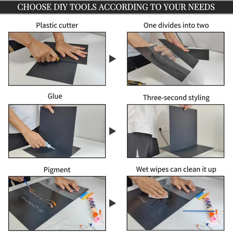 Six images showing steps to craft with Moldable Black ABS Plastic Sheet For DIY Crafts And Home Decor, 8x12 Inch, 1/8 Inch Thick.