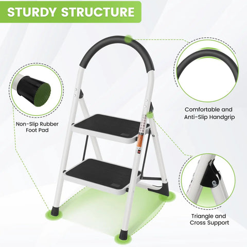 Two Step Folding Ladder With Extra Wide Anti Slip Pedals And Handgrip, Lightweight Steel supports up to 330 lbs, home use