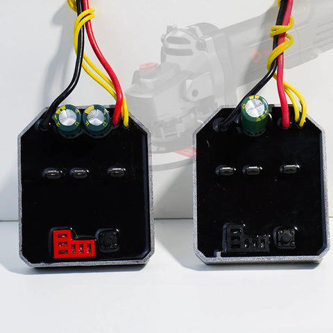 60 Amp 21 Volt Brushless Lithium Angle Grinder Control Board with wires and capacitors for DIY repairs.