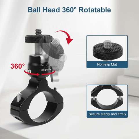 Handlebar Bike Pole Mount Kit With 360 Degree Ball Head For Action Cameras showing 360° rotation and non-slip mat features.