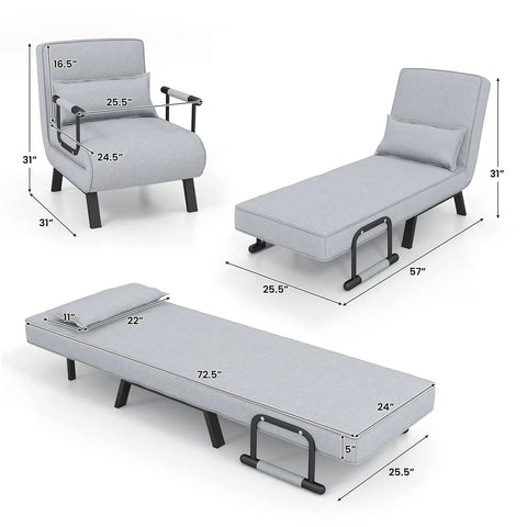 Gray 4-In-1 Convertible Sofa Bed Sleeper Chair in chair, chaise, and full bed configuration with measurements