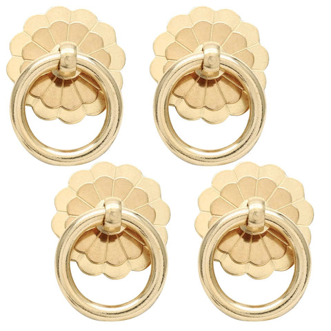 4 Pack Antique Brass Ring Pulls 30mm Diameter Vintage Gold Cabinet Hardware Flower Shape Ring Pull Knobs with Mounting Screws