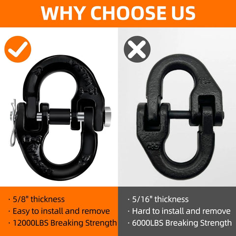 Half Inch Hammerlock Coupling Link With Two RPins Safety Chain Connector comparison showing differences in thickness and strength