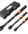 Triple-Drive Click Torque Wrench Set for 1/4, 3/8, and 1/2 Inch Drives, 20-240 in-lb, 5-45 ft-lb, 20-160 ft-lb Ranges, Calibrated to Three Percent with Dual SAE and Metric Scales, Ideal for Bikes, Motorcycles, and Cars, with case