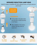 Two Pack Motion Activated Light Socket Adapters For E26 E27 Screw In Lamps, Easy Add On Auto On Off Sensor Lighting, Dusk To Dawn Indoor Lights For Porch Garage Basement, white infrared sensor socket adapter with bulb installed