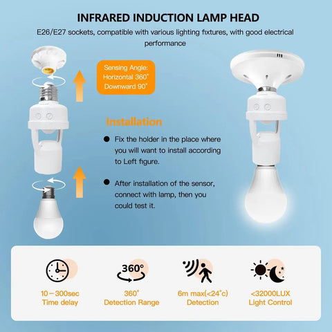 Two Pack Motion Activated Light Socket Adapters For E26 E27 Screw In Lamps, Easy Add On Auto On Off Sensor Lighting, Dusk To Dawn Indoor Lights For Porch Garage Basement, white infrared sensor socket adapter with bulb installed